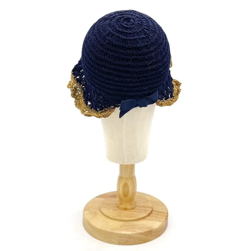 Vintage 1930s Navy Crochet Cloche Hat Gold Lace Trim Ribbon Bow Women’s One Size - Picture 4 of 14